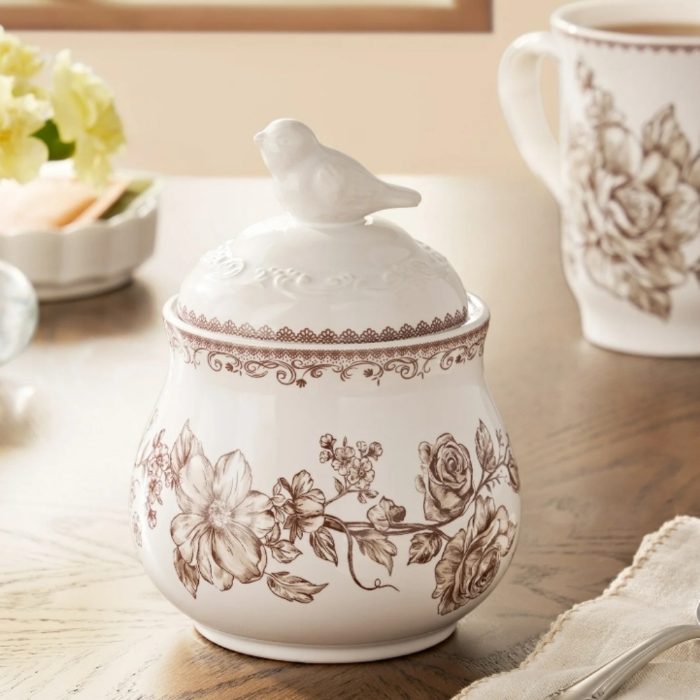 💕 2025 The Pioneer Woman Agatha Brown Floral Sugar Bowl with Bird Lid